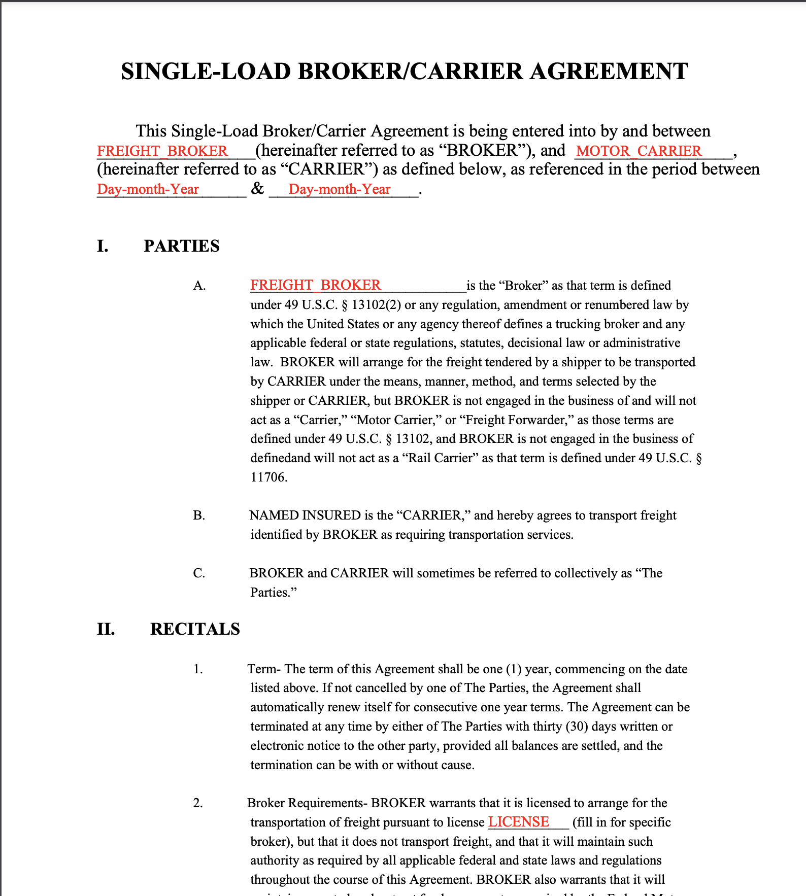 Freight broker and motor carrier agreement in CargoLabs